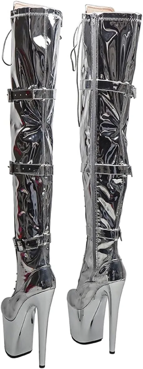WUXIN H&P Women's Over The Knee Pole Dance Thigh High Heel Boots Patent Leather Mirror Platform Zip Lace Up Fashion Sexy Party Round Toe Stiletto 8 inch Exotic Heels