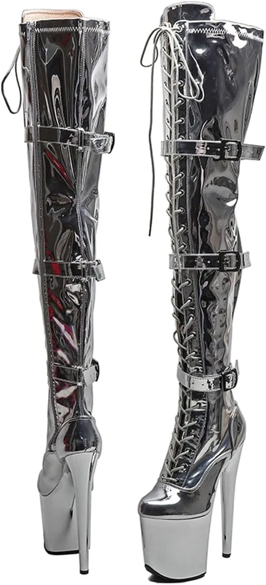 WUXIN H&P Women's Over The Knee Pole Dance Thigh High Heel Boots Patent Leather Mirror Platform Zip Lace Up Fashion Sexy Party Round Toe Stiletto 8 inch Exotic Heels