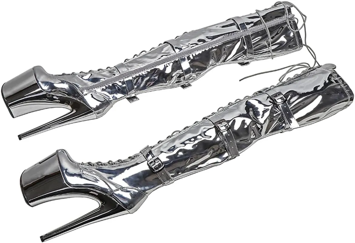 WUXIN H&P Women's Over The Knee Pole Dance Thigh High Heel Boots Patent Leather Mirror Platform Zip Lace Up Fashion Sexy Party Round Toe Stiletto 8 inch Exotic Heels