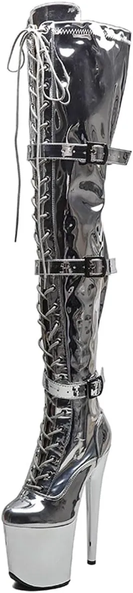 WUXIN H&P Women's Over The Knee Pole Dance Thigh High Heel Boots Patent Leather Mirror Platform Zip Lace Up Fashion Sexy Party Round Toe Stiletto 8 inch Exotic Heels