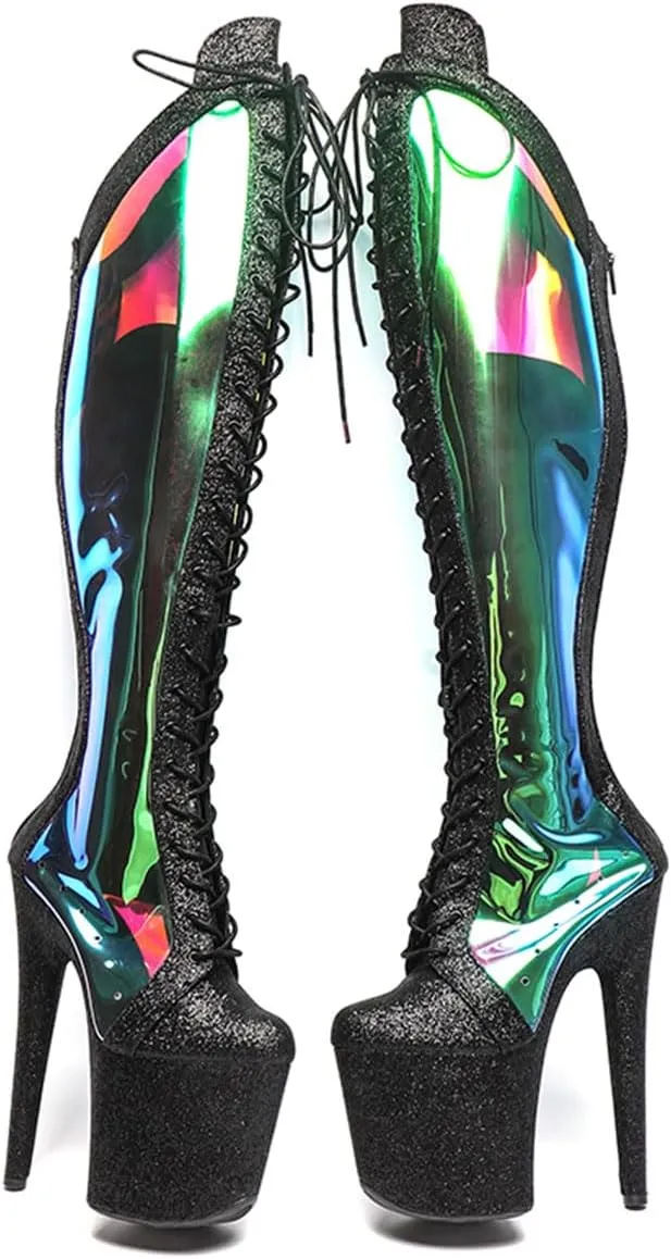 WUXIN H&P Women's Over The Knee Pole Dance Thigh High Heel Boots Platform Glitter Mirror Hologram Zip Lace Up Fashion Sexy Party Round Toe Stiletto 8 inch Exotic Heels