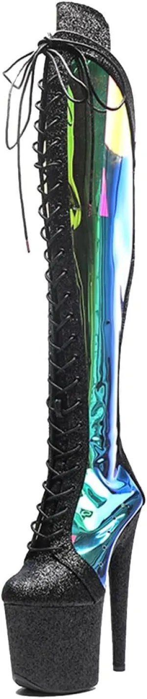 WUXIN H&P Women's Over The Knee Pole Dance Thigh High Heel Boots Platform Glitter Mirror Hologram Zip Lace Up Fashion Sexy Party Round Toe Stiletto 8 inch Exotic Heels