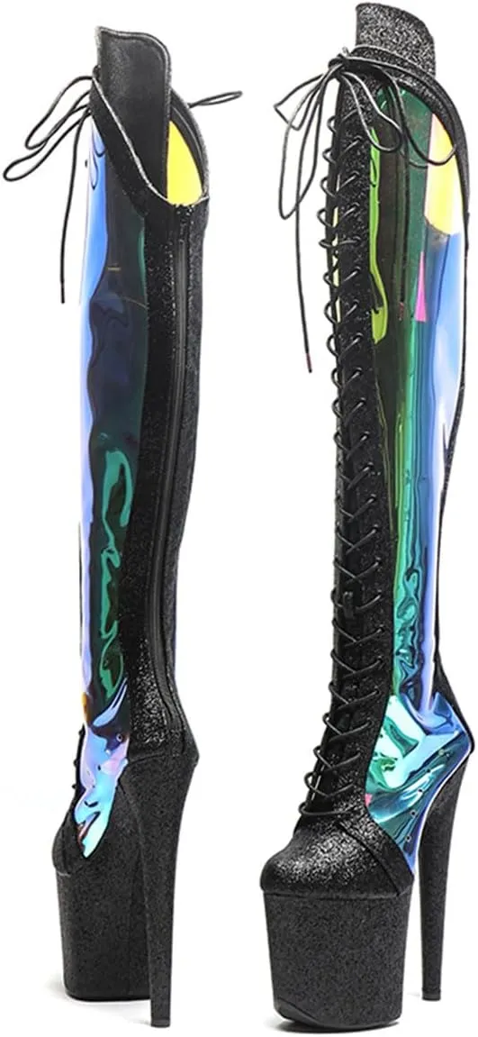 WUXIN H&P Women's Over The Knee Pole Dance Thigh High Heel Boots Platform Glitter Mirror Hologram Zip Lace Up Fashion Sexy Party Round Toe Stiletto 8 inch Exotic Heels