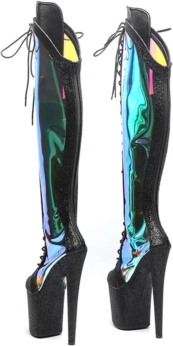 WUXIN H&P Women's Over The Knee Pole Dance Thigh High Heel Boots Platform Glitter Mirror Hologram Zip Lace Up Fashion Sexy Party Round Toe Stiletto 8 inch Exotic Heels