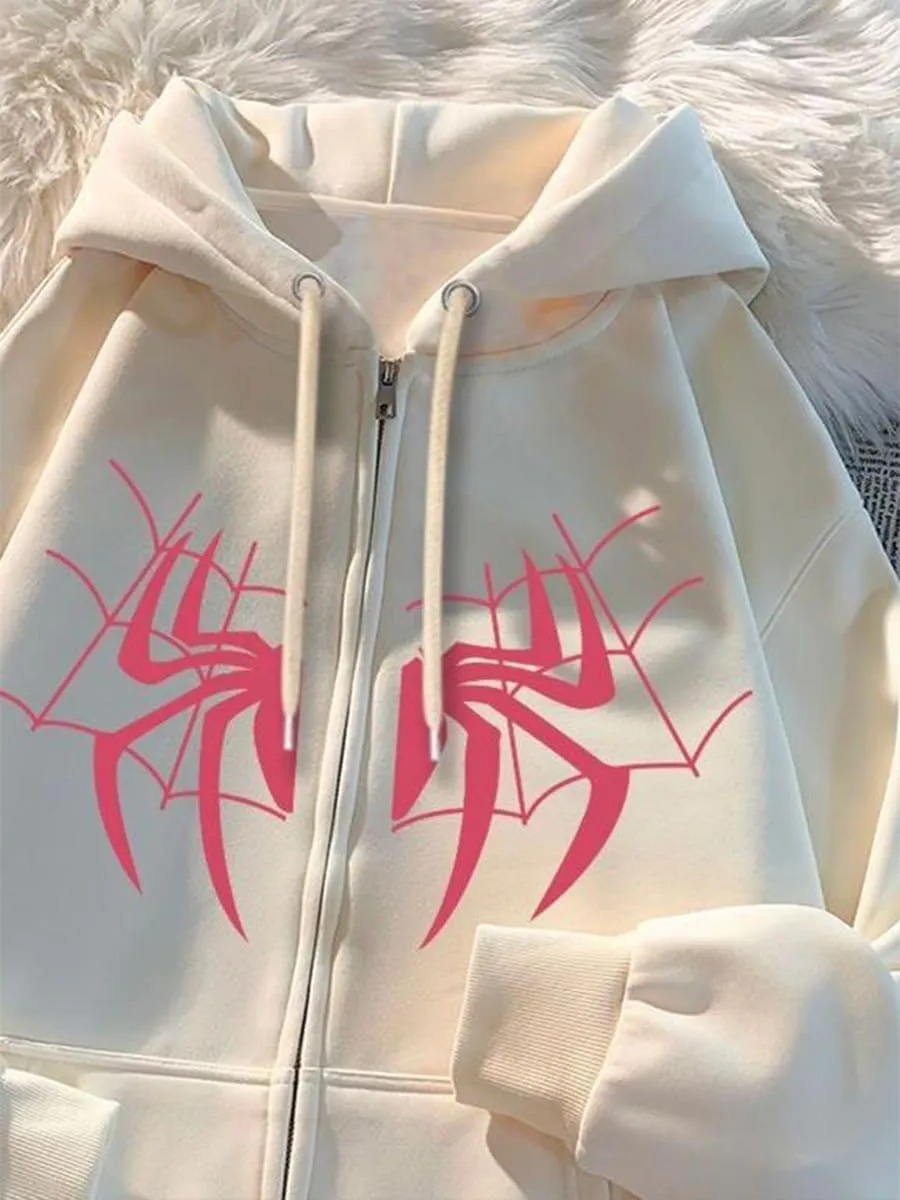 Y2k Spider Print Hoodies Hip Hop Zipper Long Sleeve Jacket Coats Harajuku Casual Loose Hooded Sweatshirt