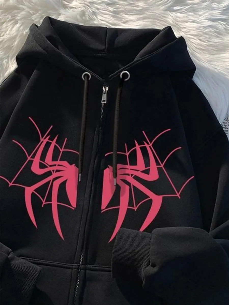 Y2k Spider Print Hoodies Hip Hop Zipper Long Sleeve Jacket Coats Harajuku Casual Loose Hooded Sweatshirt