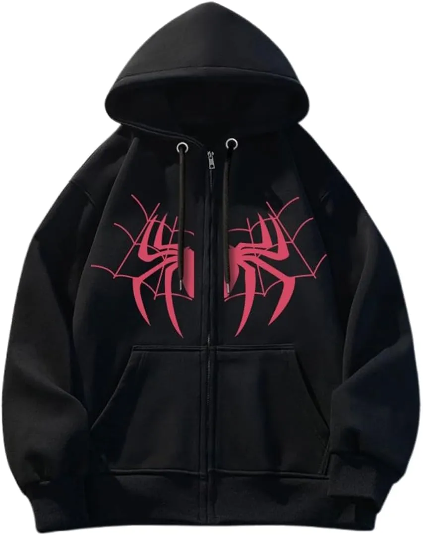 Y2k Spider Print Hoodies Hip Hop Zipper Long Sleeve Jacket Coats Harajuku Casual Loose Hooded Sweatshirt