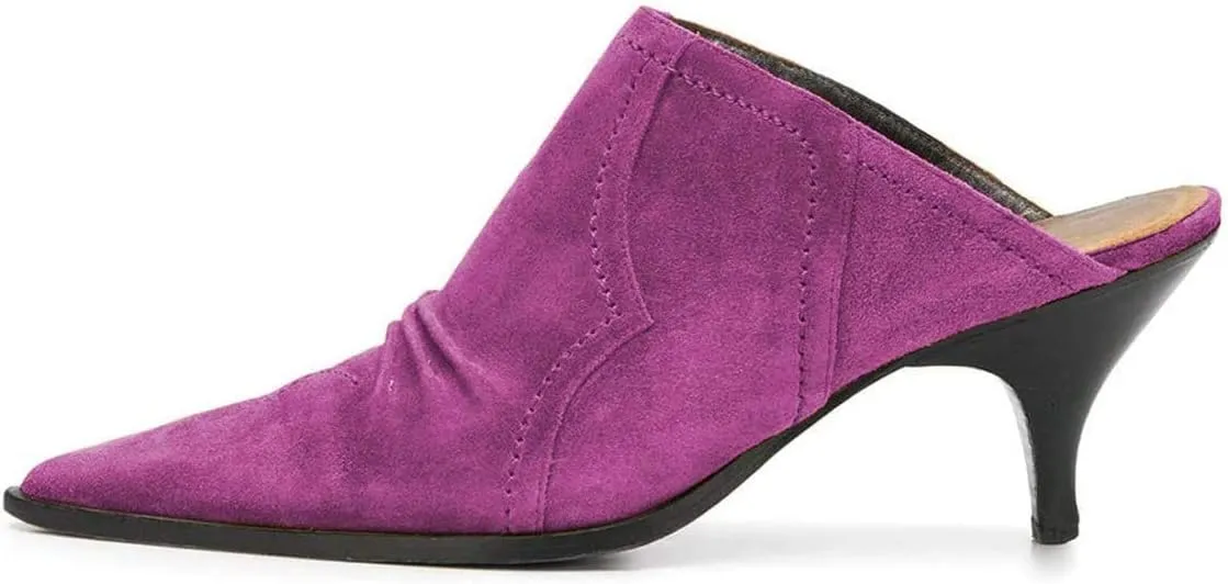 YDN Women Chic Slip On Low Heel Mules Pumps Pointed Toe Loafers Kitten Sandals Suede Comfort Sexy Shoes