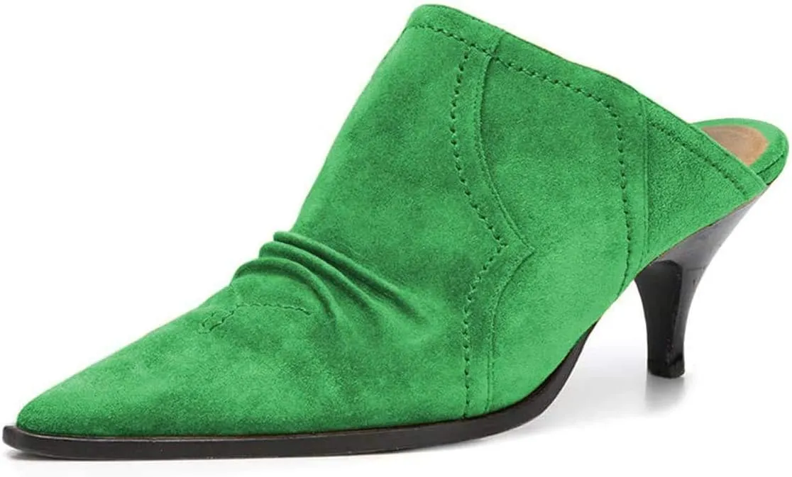 YDN Women Chic Slip On Low Heel Mules Pumps Pointed Toe Loafers Kitten Sandals Suede Comfort Sexy Shoes