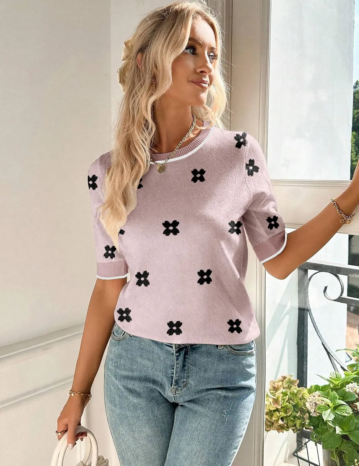 Zeagoo Women Short Sleeve Sweater Summer Crew Neck Dressy Casual Soft Knit Pullover Tops Trendy