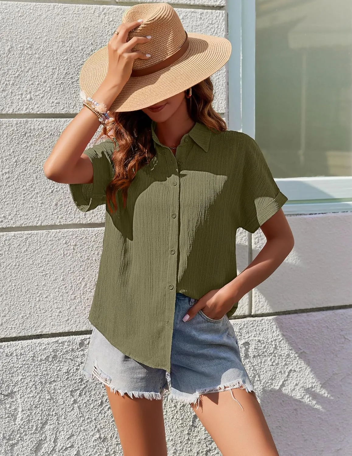 Zeagoo Womens Button Down Shirts Casual Short Sleeve Dress Shirt Textured Collared Summer Work Blouse