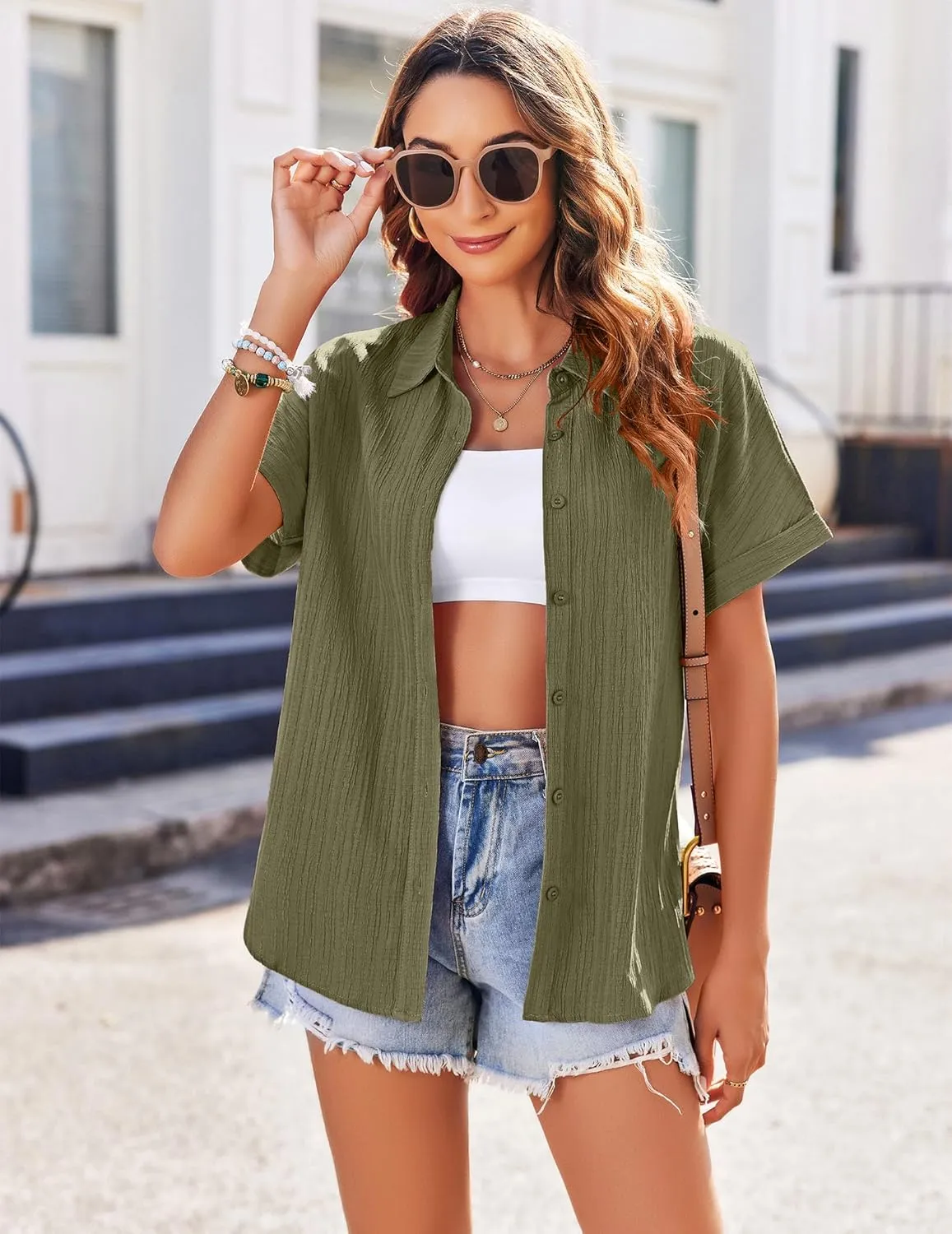 Zeagoo Womens Button Down Shirts Casual Short Sleeve Dress Shirt Textured Collared Summer Work Blouse