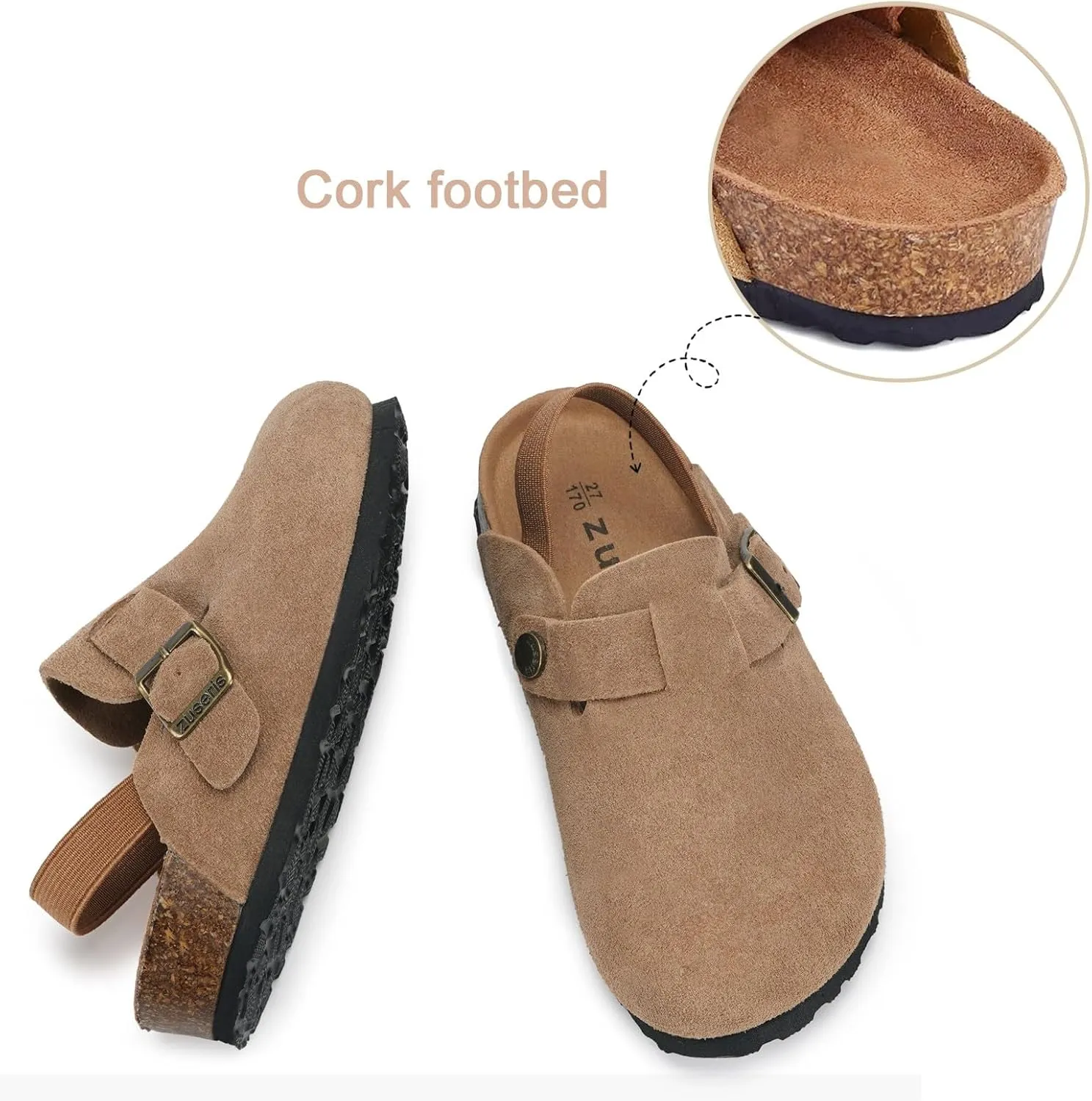 ZUSERIS Kids Suede Clogs Toddler Clogs Boys Girls Cork Footbed Sandals Potato Shoes Leather Slip On Mules with Adjustable Buckle