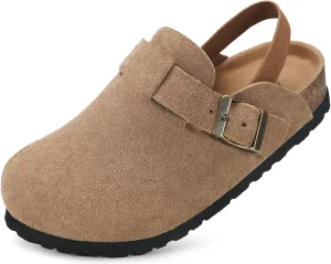ZUSERIS Kids Suede Clogs Toddler Clogs Boys Girls Cork Footbed Sandals Potato Shoes Leather Slip On Mules with Adjustable Buckle