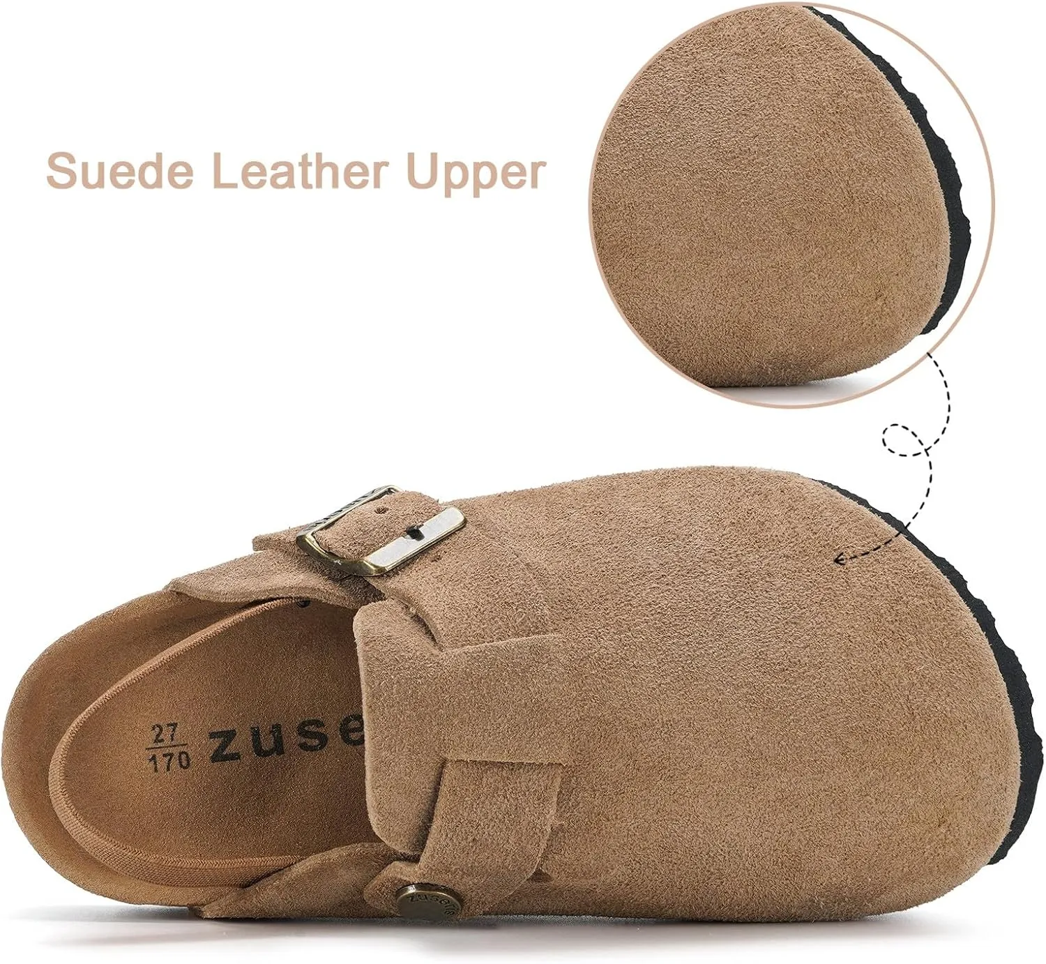 ZUSERIS Kids Suede Clogs Toddler Clogs Boys Girls Cork Footbed Sandals Potato Shoes Leather Slip On Mules with Adjustable Buckle