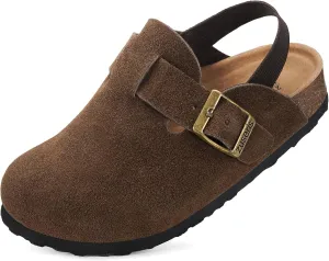 ZUSERIS Kids Suede Clogs Toddler Clogs Boys Girls Cork Footbed Sandals Potato Shoes Leather Slip On Mules with Adjustable Buckle