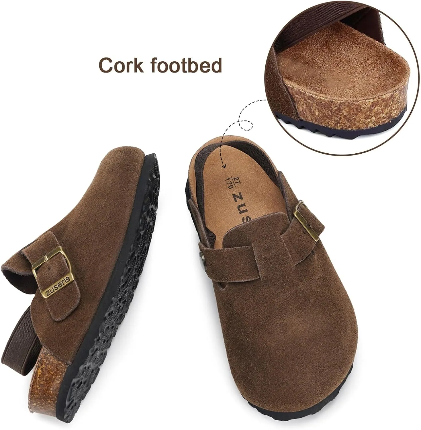 ZUSERIS Kids Suede Clogs Toddler Clogs Boys Girls Cork Footbed Sandals Potato Shoes Leather Slip On Mules with Adjustable Buckle
