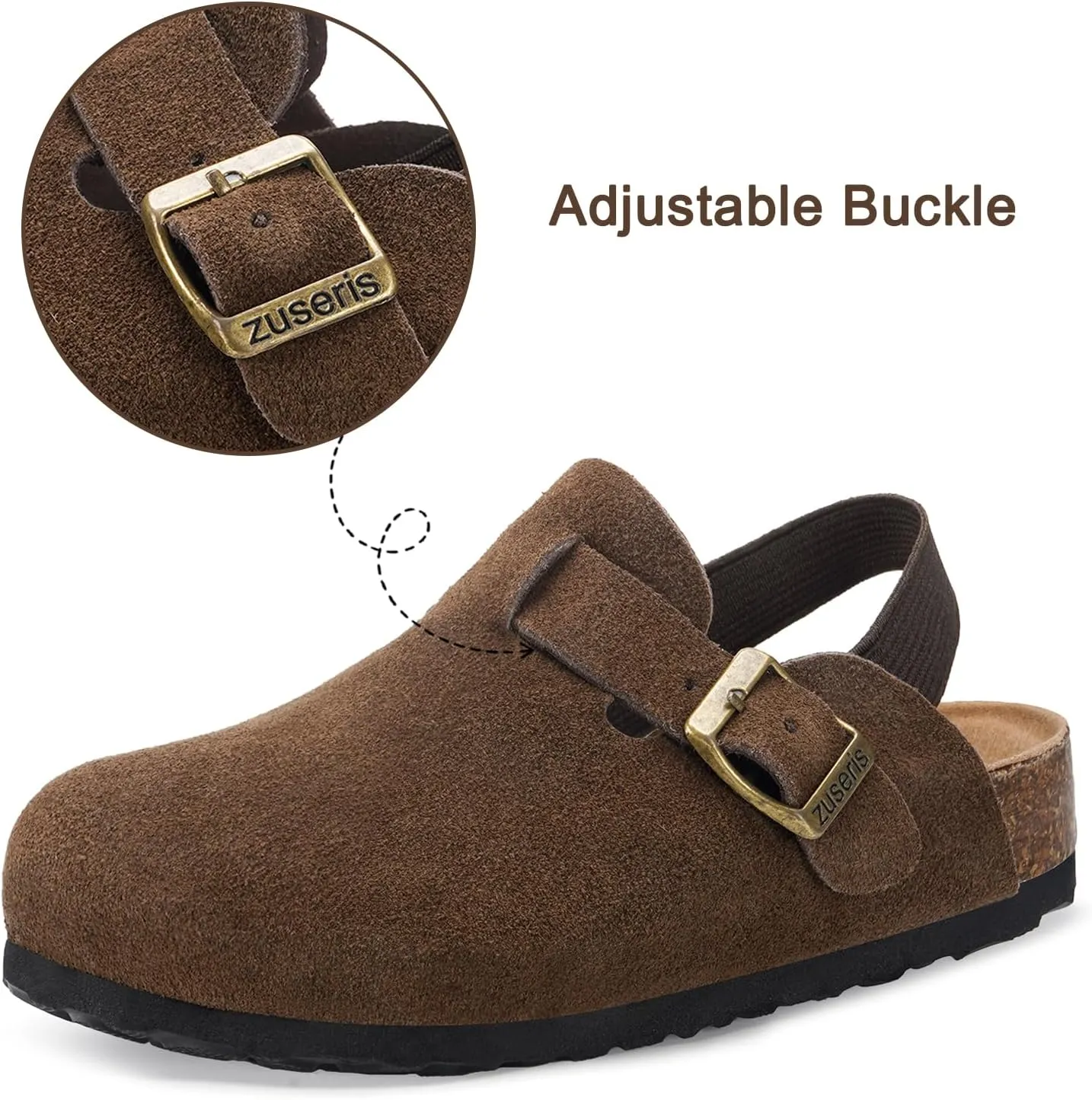 ZUSERIS Kids Suede Clogs Toddler Clogs Boys Girls Cork Footbed Sandals Potato Shoes Leather Slip On Mules with Adjustable Buckle
