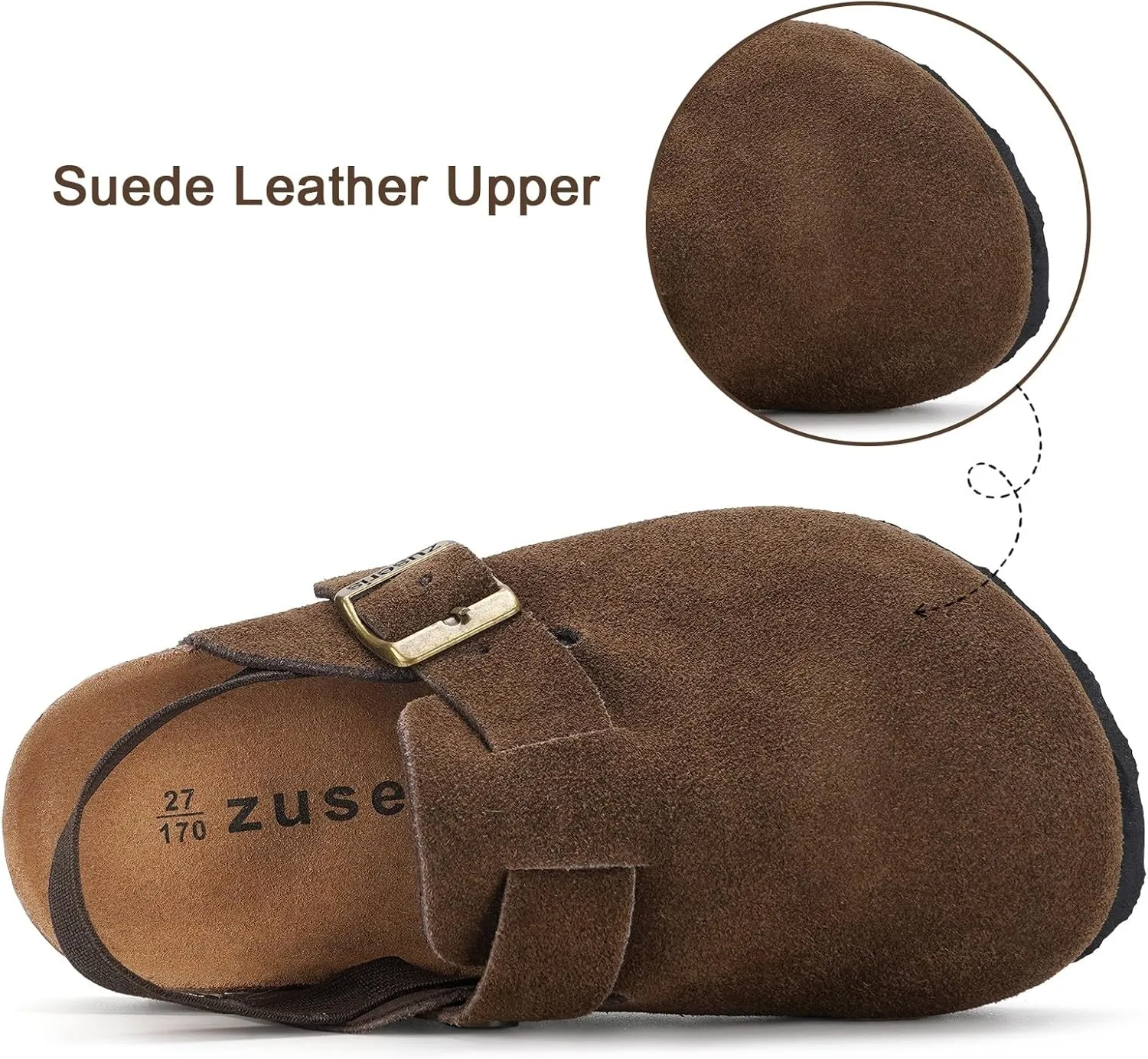 ZUSERIS Kids Suede Clogs Toddler Clogs Boys Girls Cork Footbed Sandals Potato Shoes Leather Slip On Mules with Adjustable Buckle