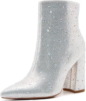 ZXHYZLZ Women's Sparkling Rhinestone Ankle Boots with Pointed Toe and Block Heel