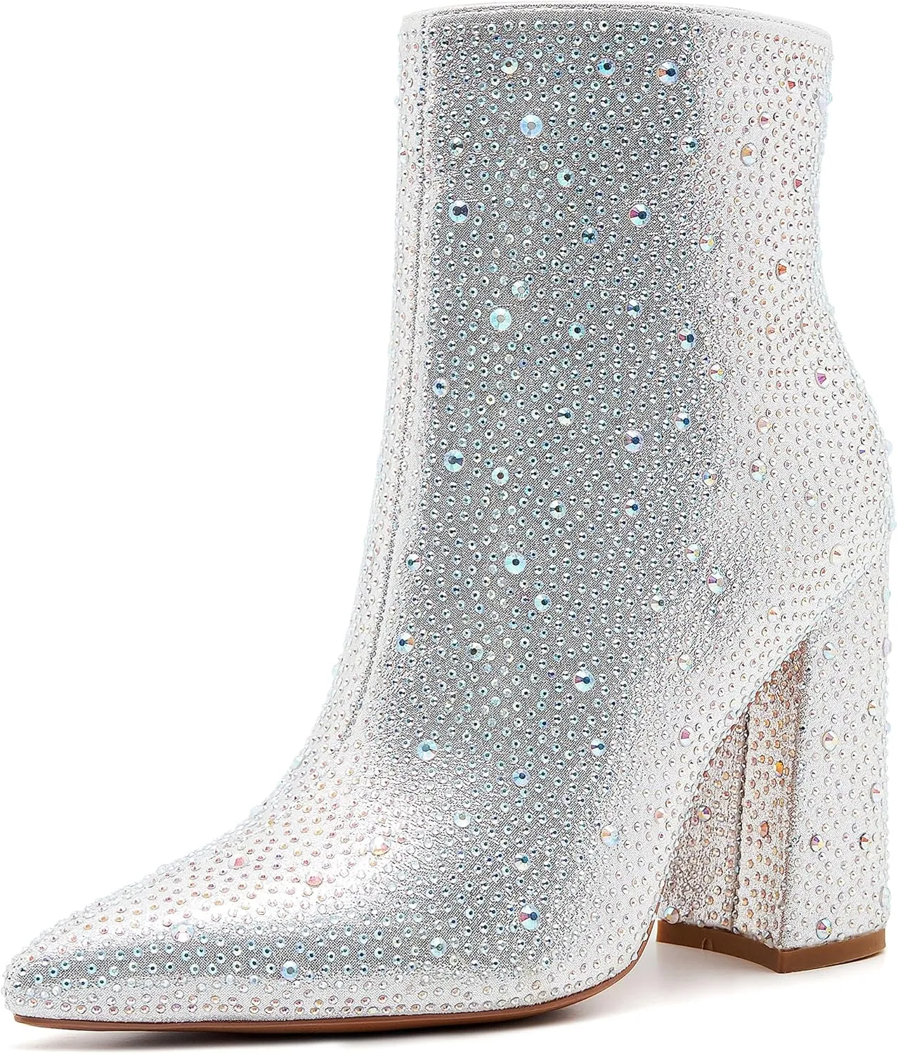 ZXHYZLZ Women's Sparkling Rhinestone Ankle Boots with Pointed Toe and Block Heel