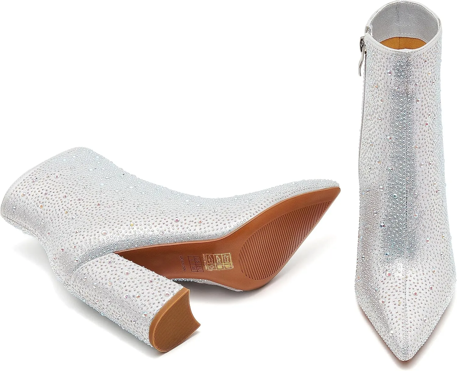 ZXHYZLZ Women's Sparkling Rhinestone Ankle Boots with Pointed Toe and Block Heel